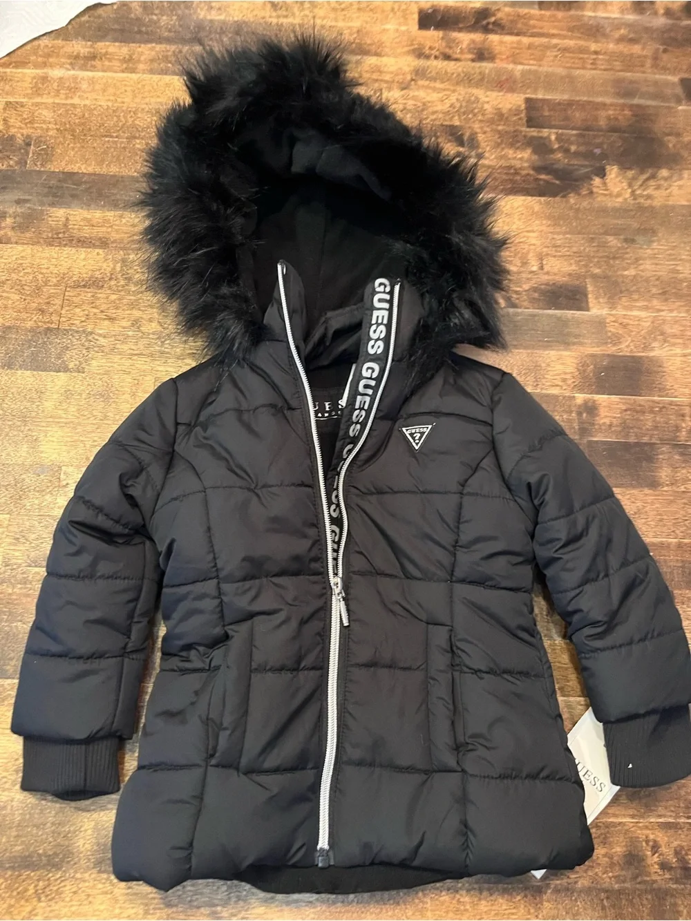4T Guess Black Girls' Quilted Puffer Jacket with Faux Fur Hood